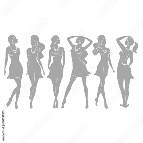 Collection. Silhouette of a woman. The girl is slender and beautiful. Lady is suitable for decor, posters, stickers, logo. Vector illustration set