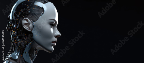 Female android face on dark background. Artificial intelligence concept. Futuristic robot head with technology neural system. Created with Generative AI