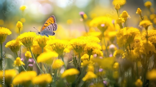 Cheerful buoyant spring summer shot of yellow Santolina flowers and butterflies in meadow in nature outdoors on bright sunny day, macro. Soft selective focus © Eli Berr