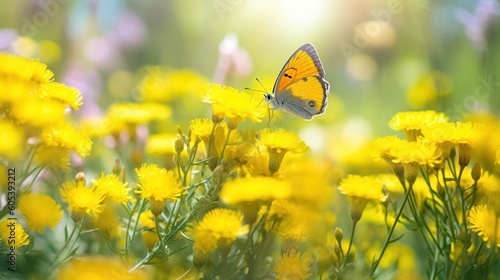 Cheerful buoyant spring summer shot of yellow Santolina flowers and butterflies in meadow in nature outdoors on bright sunny day, macro. Soft selective focus © Eli Berr