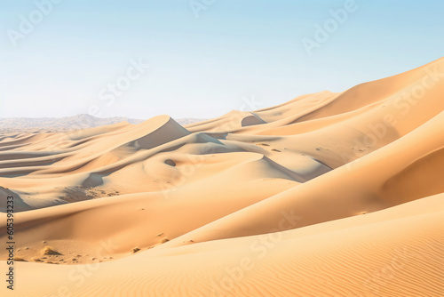 Landscape with golden sand dunes in desert with blue sky. Nature desert background. Created with Generative AI
