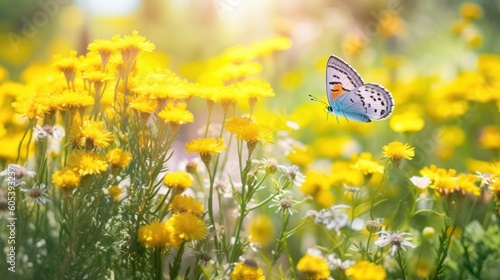 Cheerful buoyant spring summer shot of yellow Santolina flowers and butterflies in meadow in nature outdoors on bright sunny day, macro. Soft selective focus © Eli Berr
