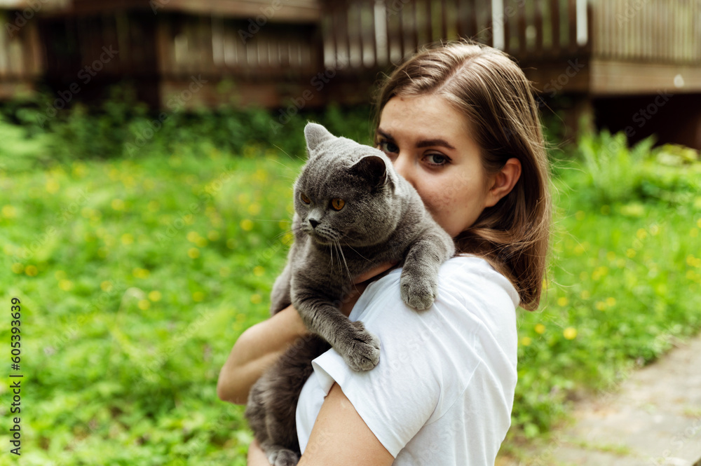 a cute girl gently hugs a cat while being outside. cat in hand. pet care. domestic scottish gray cat. walk with the cat a cute girl gently hugs a cat while being outside. cat in hand. pet care. domestic scottish gray cat. walk with the cat