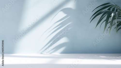 Minimal abstract light blue background for product presentation. Shadow of tropical leaves and curtains window on plaster wall © Eli Berr