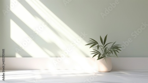 Minimalistic light background with blurred foliage shadow on a light wall. Beautiful background for presentation with with marble floor