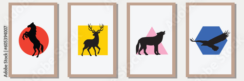 animal Silhouette vector set in frame with abstract shape , illustration
