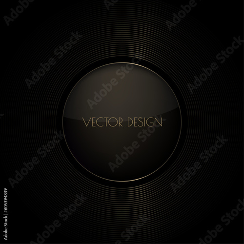 Vector abstract black premium background with golden circle frame. Modern luxurious elegant backdrop in dark color and glass effect for exclusive posters, banners, invitations, business cards.