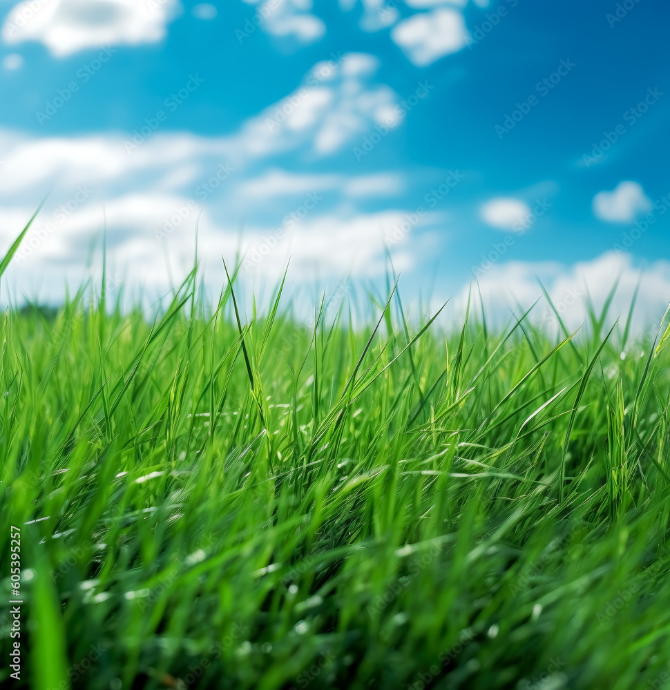 Fototapeta premium A field of grass, bright blue sky and clouds. Generative Ai Illustration.