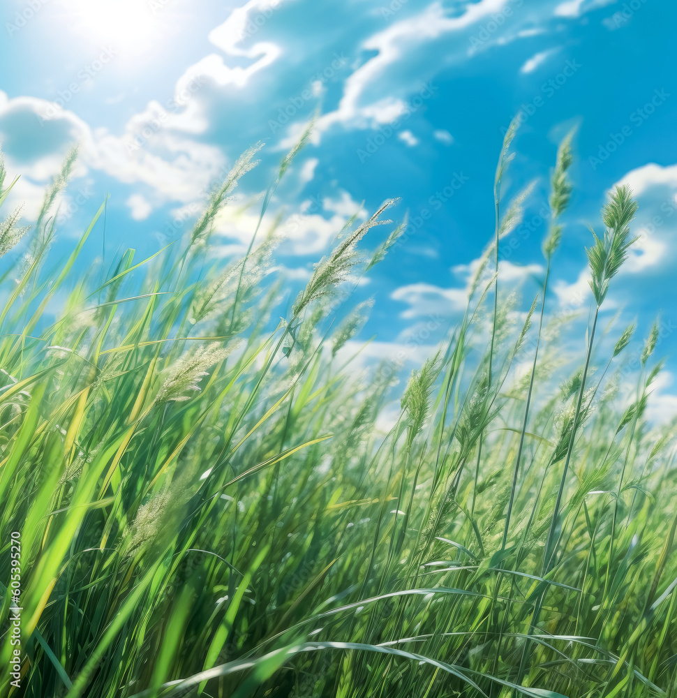 A field of grass, bright blue sky and clouds. Generative Ai Illustration. A field of grass, bright blue sky and clouds. Generative Ai Illustration.