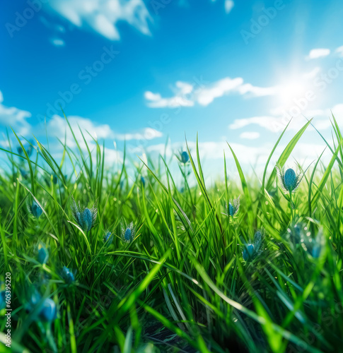 A field of grass, bright blue sky and clouds. Generative Ai Illustration.
