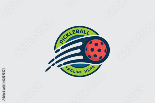 pickleball logo with a combination of a moving ball, swooshes and emblem shape for any business.