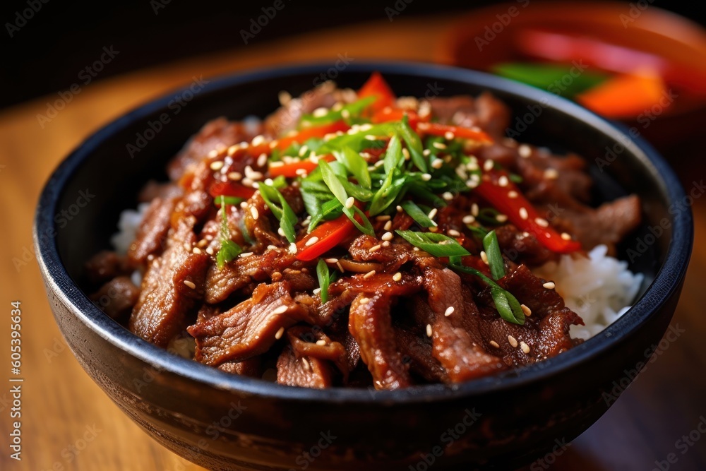 Bulgogi rice bowl is a gui made of thin marinated slice Food photography Bulgogi rice bowl is a gui made of thin marinated slice Food photography