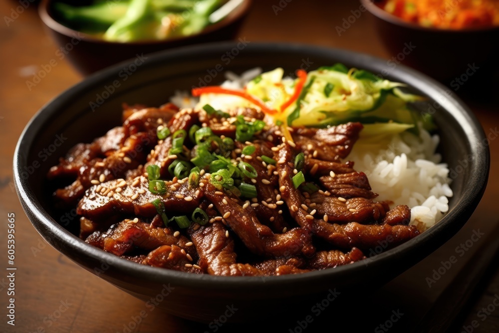 Bulgogi rice bowl is a gui made of thin marinated slice Food photography Bulgogi rice bowl is a gui made of thin marinated slice Food photography