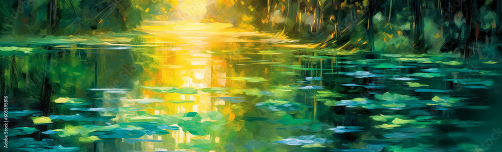 Reflection in the lake water with blurred tree leaves. Generative Ai Illustration.