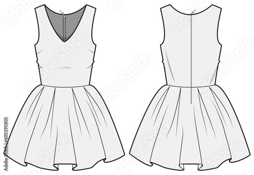 V-Neck Sleeveless Skater Dress Front and Back View. Fashion Illustration, Vector, CAD, Technical Drawing, Flat Drawing, Template, Mockup.