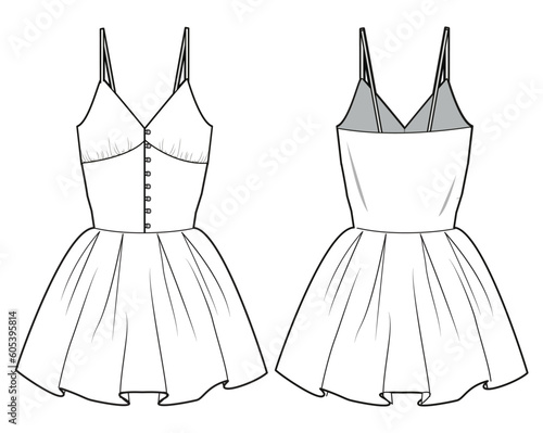 Empire Line Body Shape Strap Skater Dress Front and Back View. Fashion Illustration, Vector, CAD, Technical Drawing, Flat Drawing, Template, Mockup.