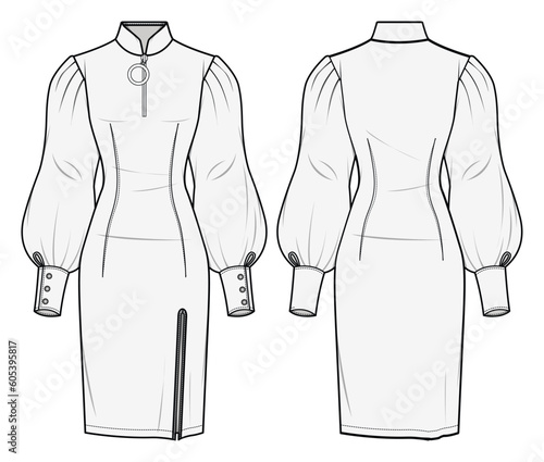 Front Zip High Neck Bishop Sleeve Bodycon Tight Dress Front and Back View. Fashion Illustration, Vector, CAD, Technical Drawing, Flat Drawing, Template, Mockup.	