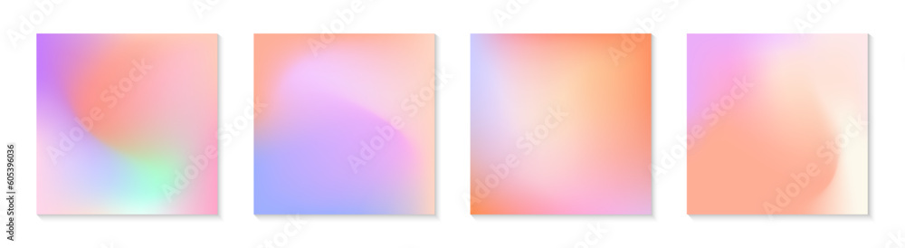 Vector set of mesh gradient backgrounds in peach and purple colors.Copy space for text.Abstract iridescent illustrations in y2k aesthetic.Modern templates for banners,branding,social media,covers.