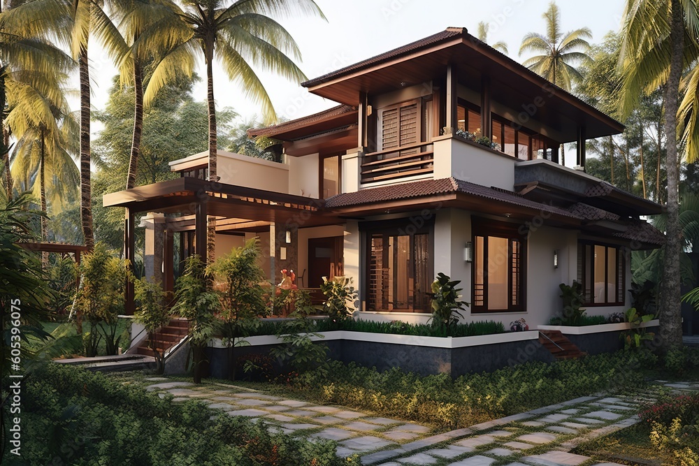 Beautiful asian luxury villa with wood details on the facade - Generative AI