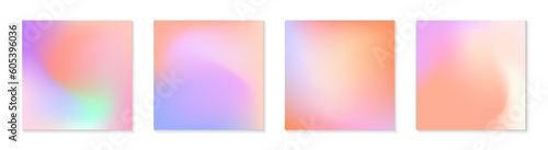 Vector set of mesh gradient backgrounds in peach and purple colors.Copy space for text.Abstract iridescent illustrations in y2k aesthetic.Modern templates for banners,branding,social media,covers.