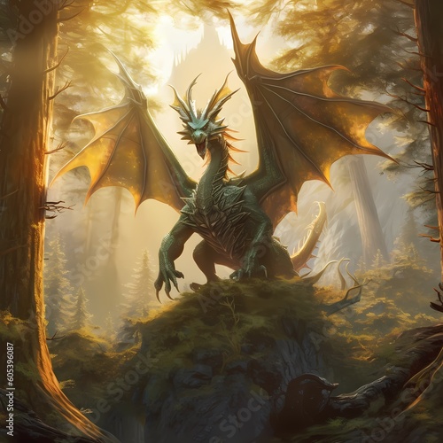A majestic dragon soaring over a mystical forest, with sunlight filtering through towering ancient trees. Generative AI.