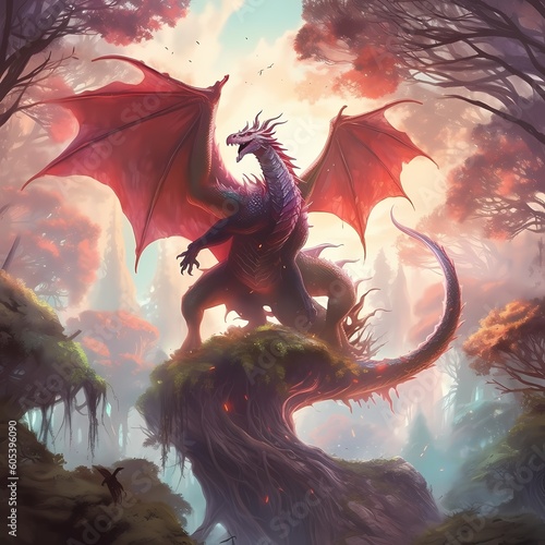 A majestic dragon soaring over a mystical forest, with sunlight filtering through towering ancient trees. Generative AI.