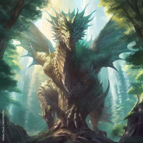 A majestic dragon soaring over a mystical forest, with sunlight filtering through towering ancient trees. Generative AI.