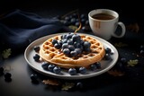 Waffle with blueberries and syrup, coffee. Generative AI