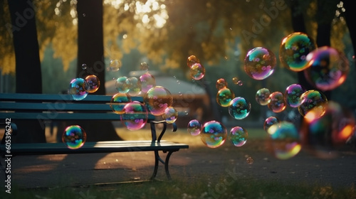 Shining soap bubbles in the park. Generative Ai