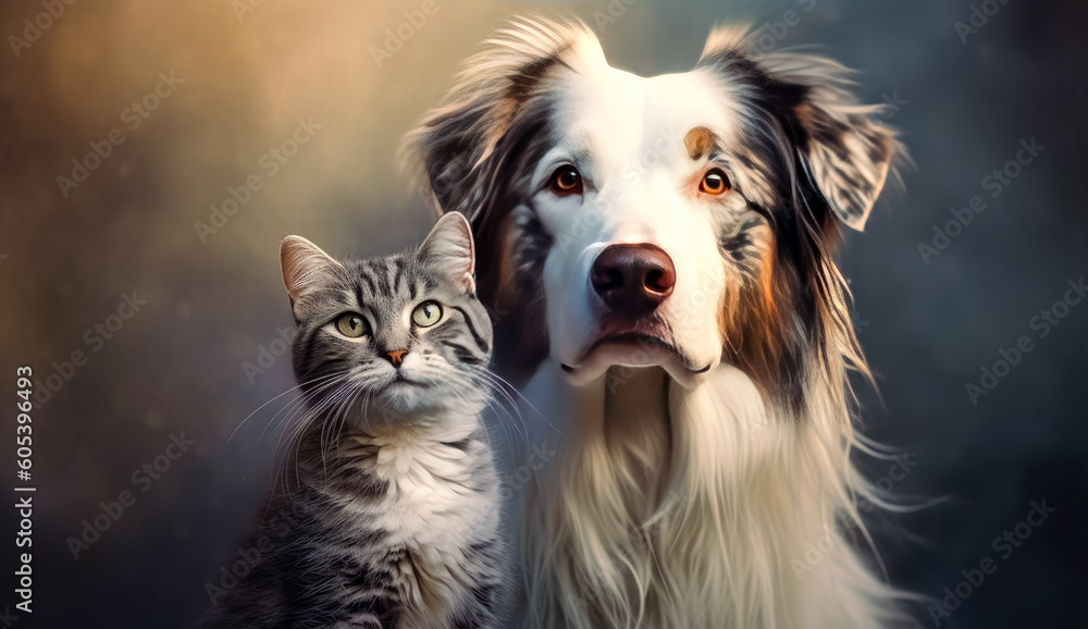 Fototapeta premium A dog and cat are playing relaxing on a couch. Generative Ai Illustration.