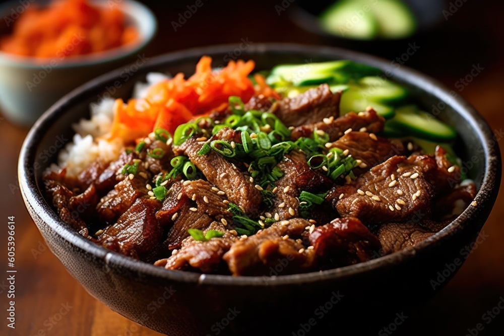 Bulgogi rice bowl literally fire meat is a gui made of thin marinated slice Food photography