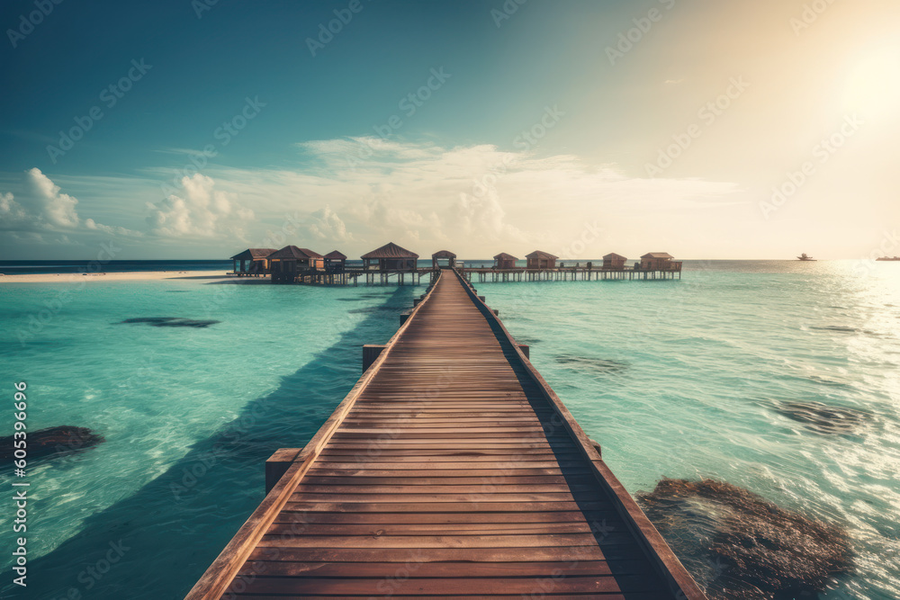 Wooden walkway jetty leading to water bungalows in Maldives. Beautiful turquoise ocean on a sunny day. Generative AI.