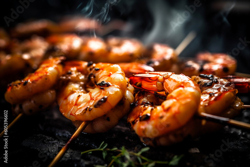 Macro shot of marinated shrimp skewers on grill. AI generated.