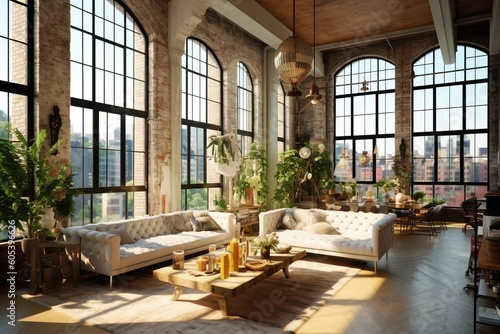 Classy spacious new york living room loft apartment very bright room with full height windows - Generative AI