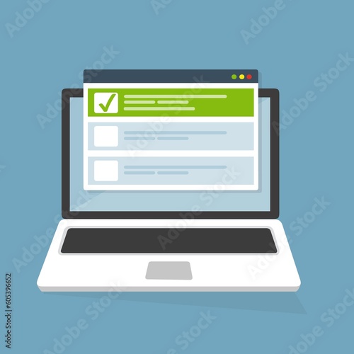 Finestra del browser dell'elenco di controllo. Segno di spunta. Segno di spunta bianco sullo schermo del laptop. Scelta, concetti di indagine. Elementi per banner web, siti web, infografiche. Design p
