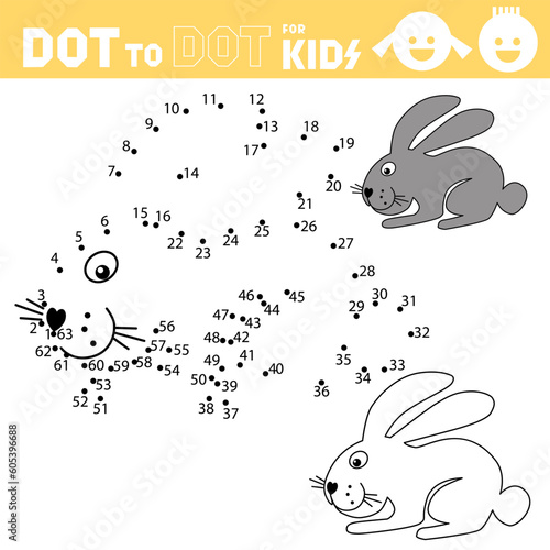 Dot to dot games for kids. Rabbit. Connect the numbers and draw a bunny. Coloring page. Book. Puzzle Activity Worksheet. Sketch vector illustration