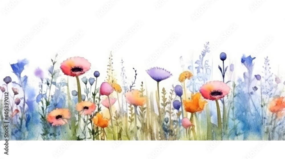 A watercolor meadow border for your designs. (Generative AI)