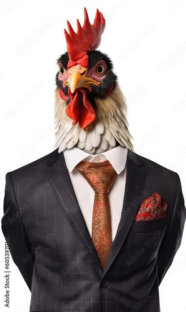 Rooster dressed in a suit like a businessman, isolated on white (generative AI)