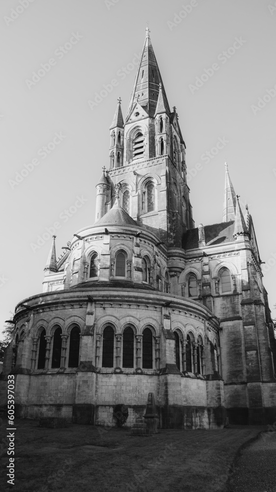 View of the Christian Cathedral of the 19th century in the Irish city of Cork. Christian religious architecture in the Neo-Gothic style. Cathedral Church of St Fin Barre. Black and white.