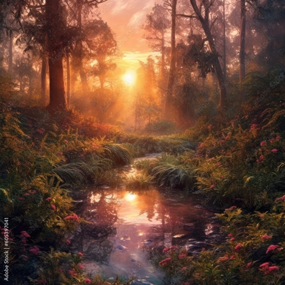 Fototapeta premium The forest at sunrise. (Generative AI)