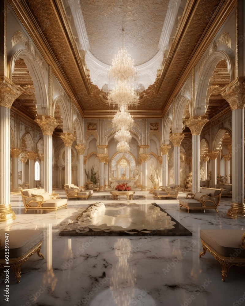 Fototapeta premium A golden luxury palace with white marble and furnishings inside. (Generative AI)