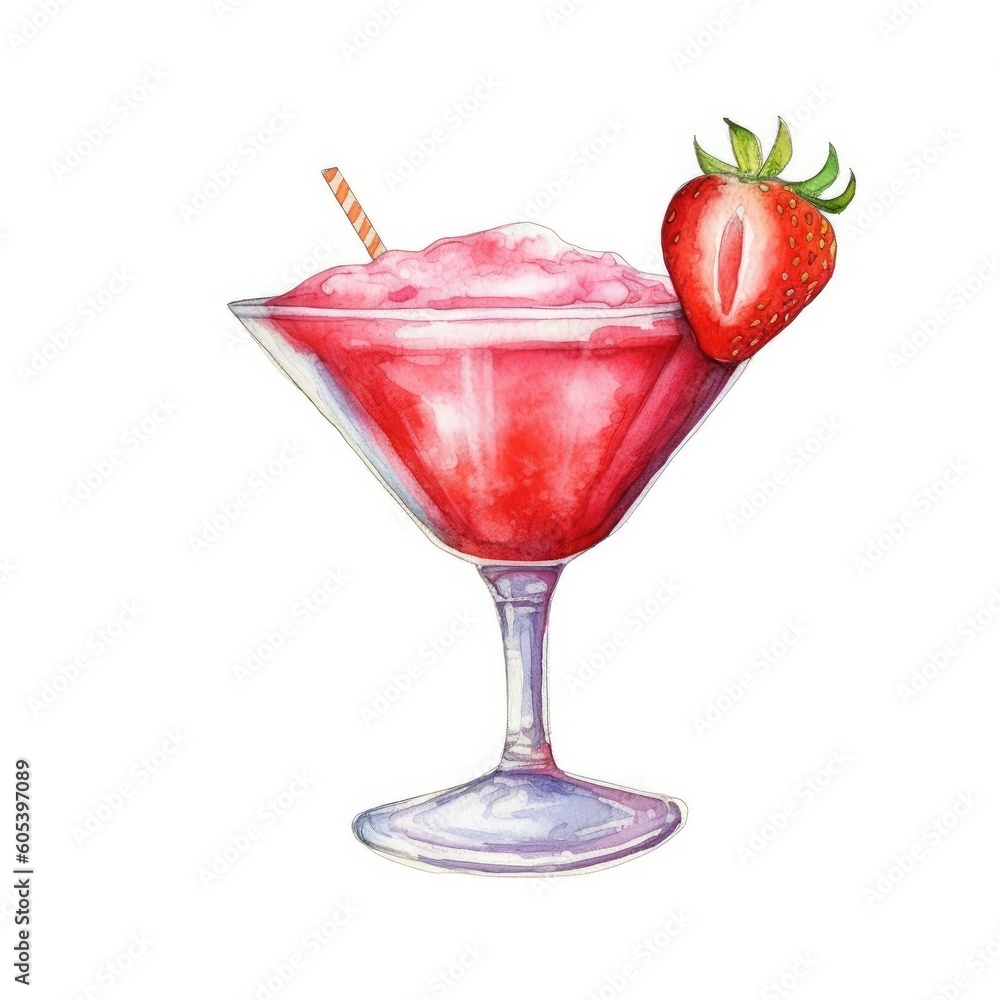 Strawberry Daiquiri Cocktail isolated on white drawn with watercolor (generative AI) Strawberry Daiquiri Cocktail isolated on white drawn with watercolor (generative AI)