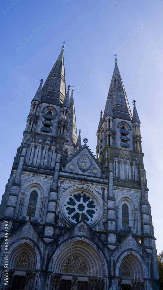The facade of the Anglican Cathedral of Saint Fin Barre's in Cork, Ireland. Neo-Gothic architecture.