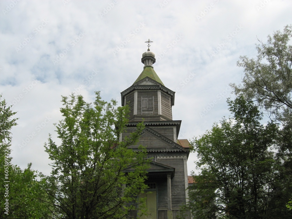 A historic wooden Orthodox church graces the city of Pereyaslav in Ukraine.