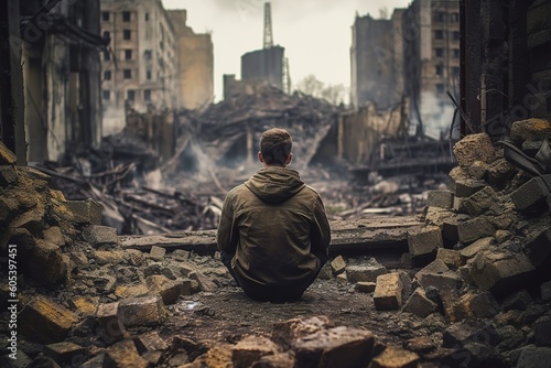 Fototapeta Prayer amidst devastation, soldier finds solace in the ruins of war