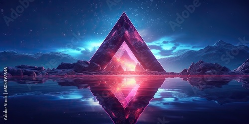 AI Generated. AI Generative.  3d render abstract neon background with triangular geometric frame mountaines landscape. Graphic Art photo