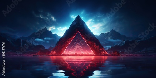 AI Generated. AI Generative. 3d render abstract neon background with triangular geometric frame mountaines landscape. Graphic Art