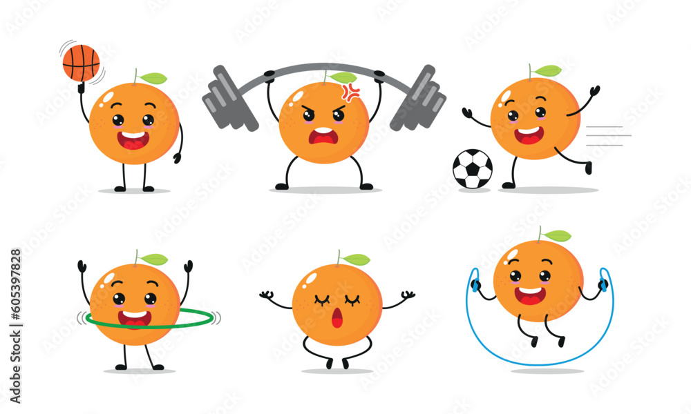 Fototapeta premium Orange Exercise Different Sport Activity Vector Illustration Sticker. Tangerine Many Face Expression Set.
