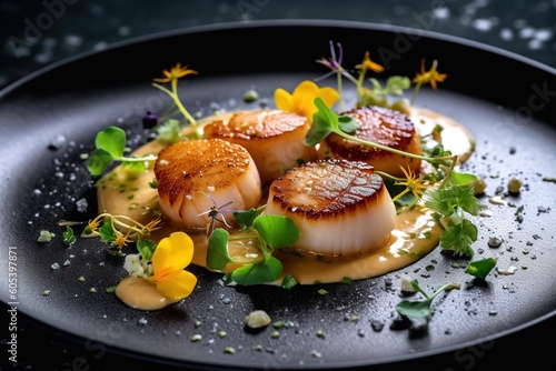 seared scallops with sauce and petals in metal plate - Generative AI © losmostachos