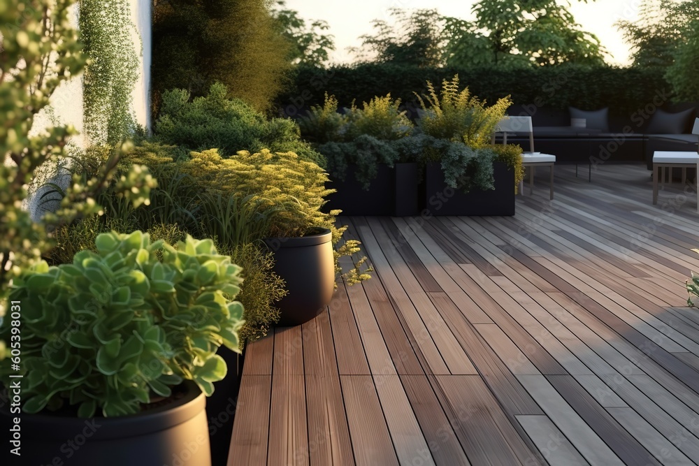 Panoramic view of modern rooftop terrace with hardwood floors, plants, brick fence and white patio furniture - Generative AI - obrazy, fototapety, plakaty 
